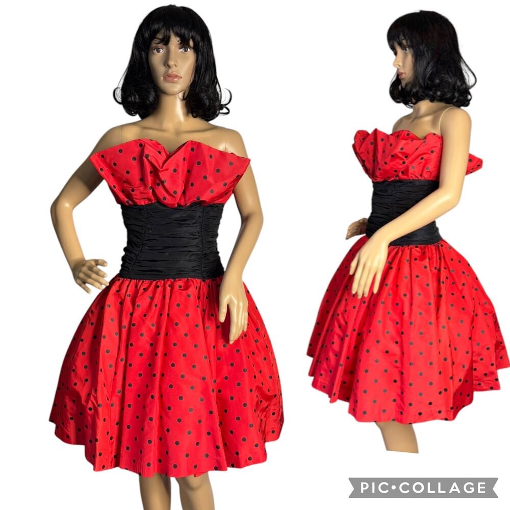 1980s Vintage Red Black Polka Dot Strapless Party Dress XS